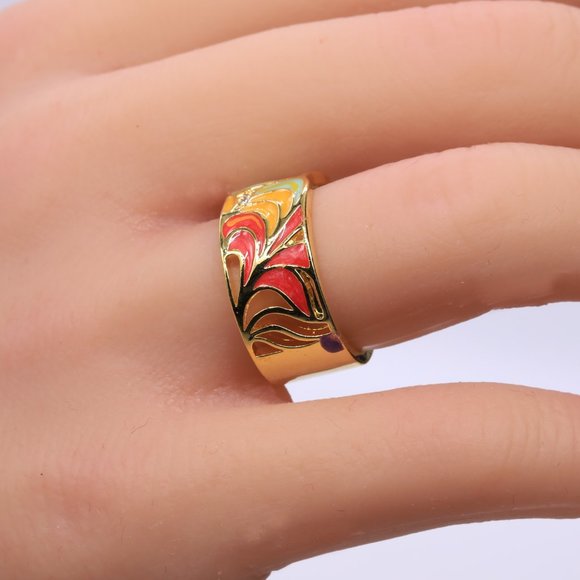 S925 Silver plated multi color fashion ring with golden color feathering. - Picture 2 of 12